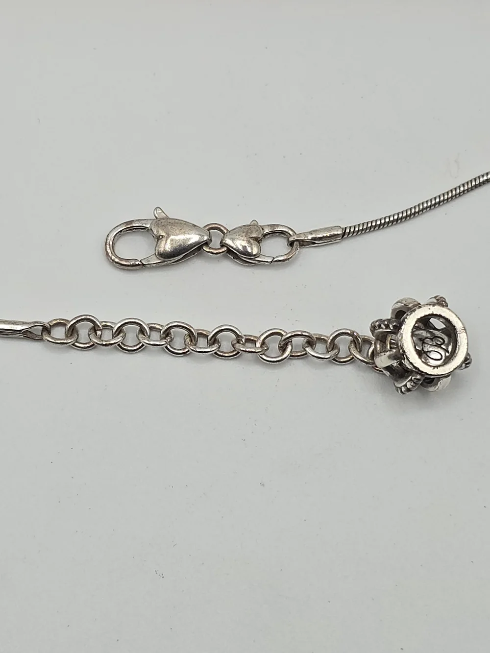Brighton Silver Tone Snake Chain Necklace Heart Clasp w/B Charm 16-18